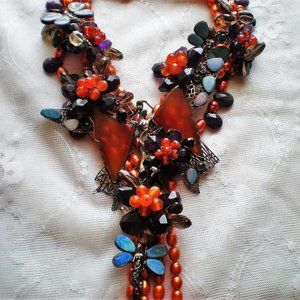 Designer Sterling Silver 925 Opal Carnelian Amethyst Pearl Necklace Collier 530g